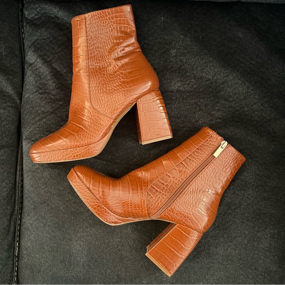Brown faux leather boot heels